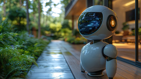 Robot on the wooden terrace of the house, artificial intelligence conceptの素材
