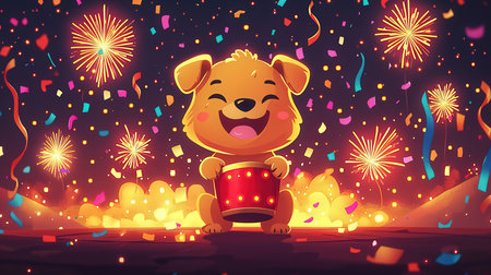 Happy Chinese New Year 2018. Cute cartoon dog with gift box and fireworks.の素材