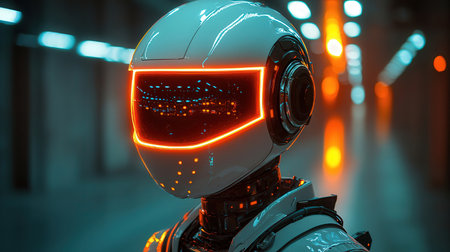 3d rendering humanoid robot with red neon light on head in dark roomの素材