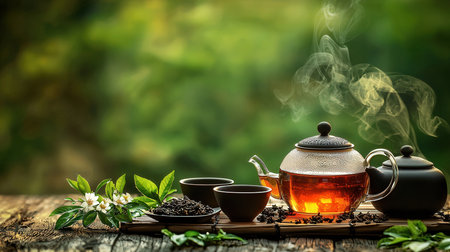 green tea in a teapot and cups on a wooden tableの素材