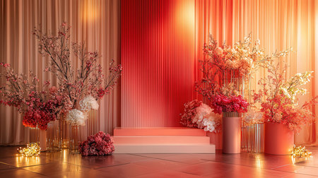 3d rendering, empty podium in room with red curtain and flowersの素材