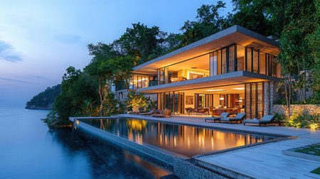 Luxury modern house with swimming pool at night. Nobody insideの素材