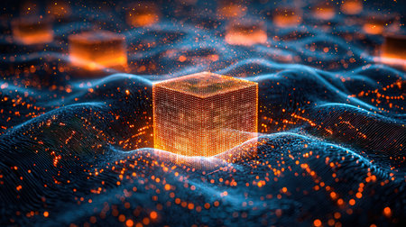 3d rendering of cube with glowing particles. 3d illustration of cube with glowing particlesの素材