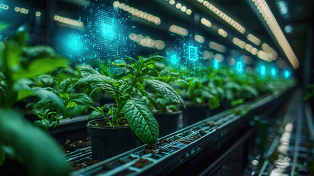 Green seedlings in a greenhouse. Greenhouse with seedlings.の素材