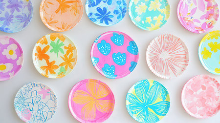 Colorful ceramic plates on the white background. View from above.の素材
