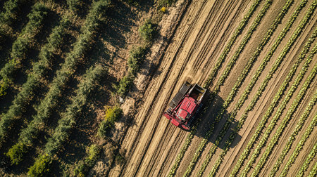 Aerial view on the tractor working on the large agricultural field.の素材