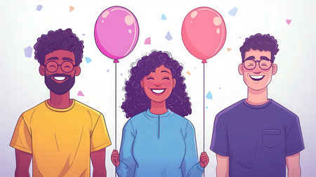 Happy group of friends with balloons. Vector illustration in cartoon style.の素材