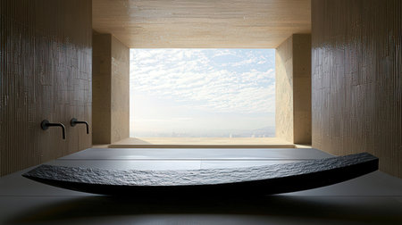 3d rendering of an empty room with a view of the cityの素材