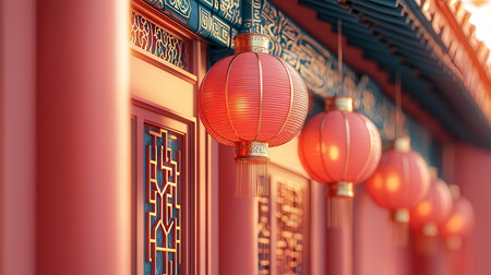 Chinese red lanterns on the wall of a Chinese temple. 3D renderingの素材