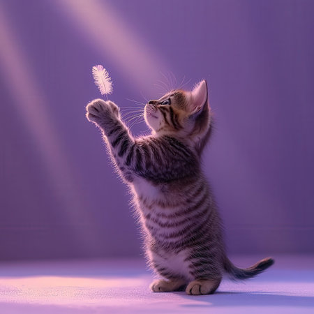 Cute tabby kitten playing with feather on a purple background.の素材