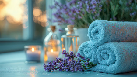 Spa still life with lavender flowers, towels and candles on a tableの素材