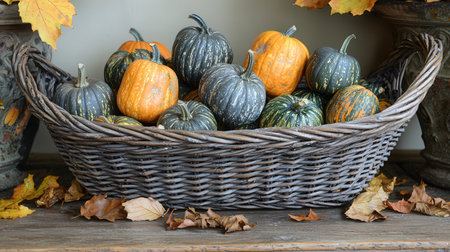 Decorative pumpkins in a wicker basket on a wooden tableの素材