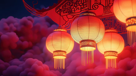 Chinese lanterns in the night sky, 3d rendering. Computer digital drawing.の素材