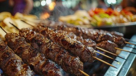 Shish kebab on skewers on a street food marketの素材