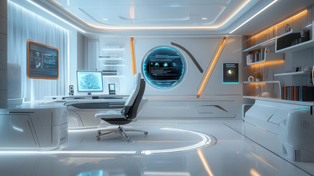 3d rendering of interior of a modern office with white walls and blue ceilingの素材