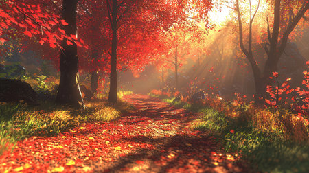 Autumn forest with sun rays and fog. Colorful foliage in the forestの素材