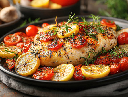 Baked chicken breast with lemon and tomatoes on plate, closeupの素材