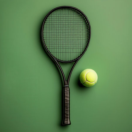 Tennis racket and ball on green background. Top view, flat layの素材