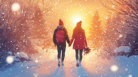 Back view of two girls walking in winter forest at sunset. Concept of friendship and love.の素材
