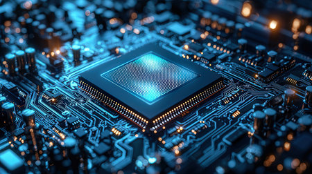 Close up of electronic circuit board. Technology background. 3D renderingの素材