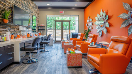 Interior of a modern barber shop with orange armchairs and black leather chairsの素材