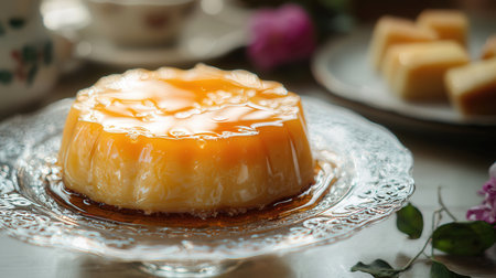 Close up of caramel custard pudding on a plate. Selective focus.の素材