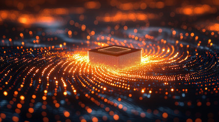 Abstract 3d rendering of a golden cube with particles on a dark backgroundの素材