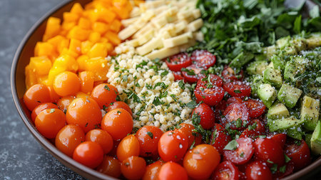 Plate of fresh vegetable salad with quinoa, avocado, cherry tomatoes and parsleyの素材