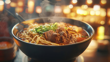 Chinese noodle soup with beef in a bowl on a wooden tableの素材