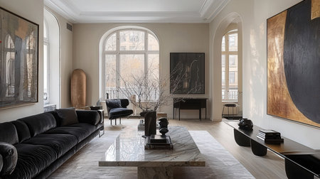 Interior of modern living room with black sofa and black armchairの素材