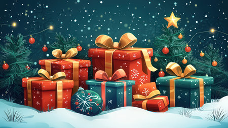 Christmas background with presents and snowflakes. Vector cartoon illustration.の素材