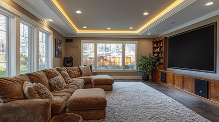 Living room with brown leather sofa, tv and bookshelves. Northwest, USAの素材