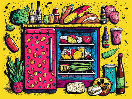 Illustration of fridge full of food and drinks. Vector illustration.の素材