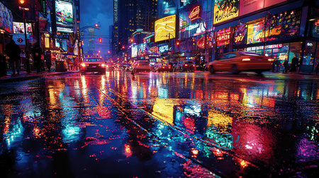 Times Square in New York City at night with neon lights and reflectionsの素材