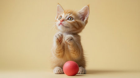 ginger kitten with a red ball on a beige background.の素材