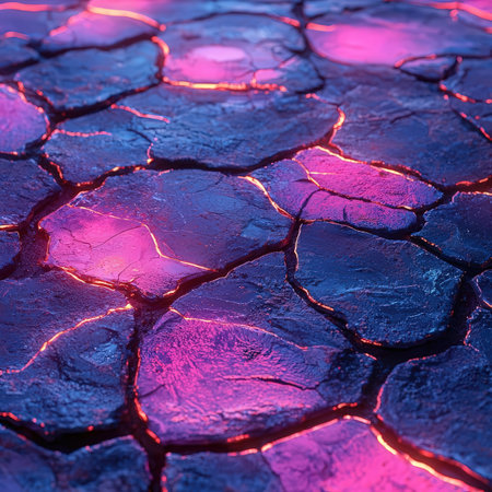 Cracked ground with pink and purple neon lights. Abstract background.の素材