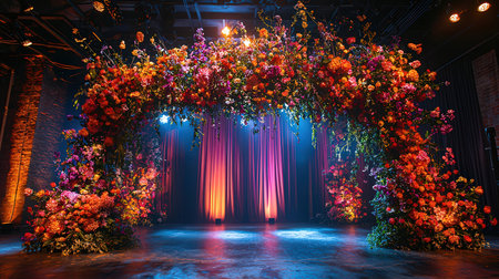 Beautiful floral arch decorated with colorful flowers in the dark room.の素材