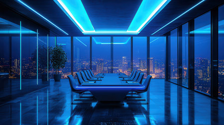 3d rendering of modern office interior with night city view and blue lightsの素材