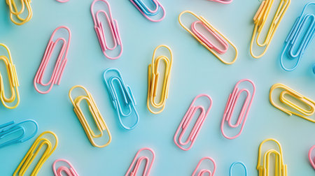 Colorful paper clips on blue background. Flat lay, top viewの素材