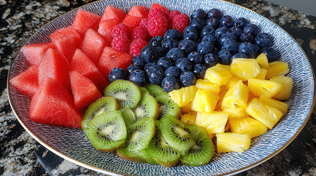 Slices of fresh fruit on a plate, top view.の素材