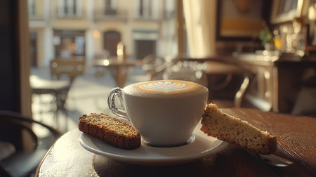 Cup of coffee and bread on table in cafe, closeupの素材