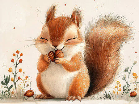 Cartoon squirrel eating nuts on the meadow. Hand drawn illustration.の素材