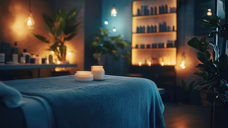 Spa salon with candles and towels on a table in a spa salonの素材