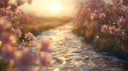 Peach blossom in the countryside at sunset. Spring background.の素材