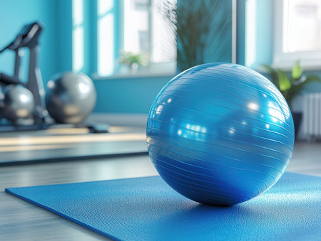 Blue pilates ball on a yoga mat in a gym. 3d renderingの素材