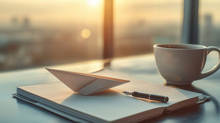 Notebook, pen and cup of coffee on the table at sunriseの素材