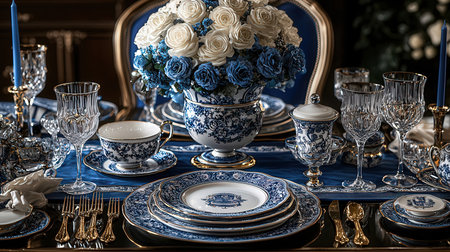 Beautiful table setting with blue and white flowers in vintage style.の素材