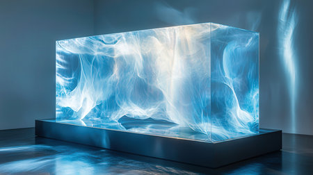 Abstract 3d rendering of blue ice cube in empty room with copy spaceの素材