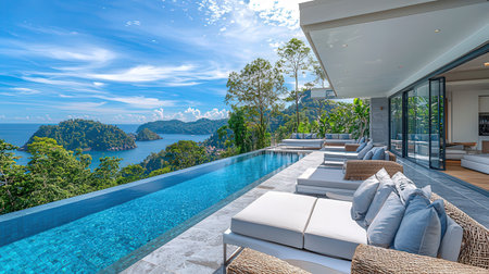 Luxury swimming pool and terrace with sea view, Thailandの素材