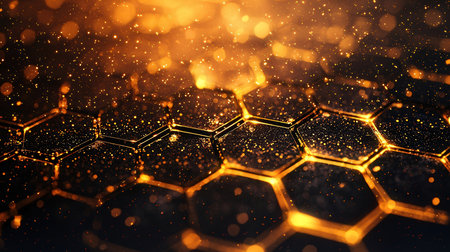 Abstract gold honeycomb with glowing particles. 3d rendering toned imageの素材